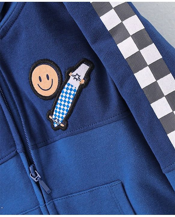 Babyhug 100% Cotton Knit Full Sleeves Hooded Sweatjacket With Skateboard Embroidery - Navy Blue