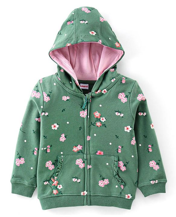 Babyhug Cotton Knit Full Sleeves Hooded Sweat Jacket with Front Zipper Floral Print - Green