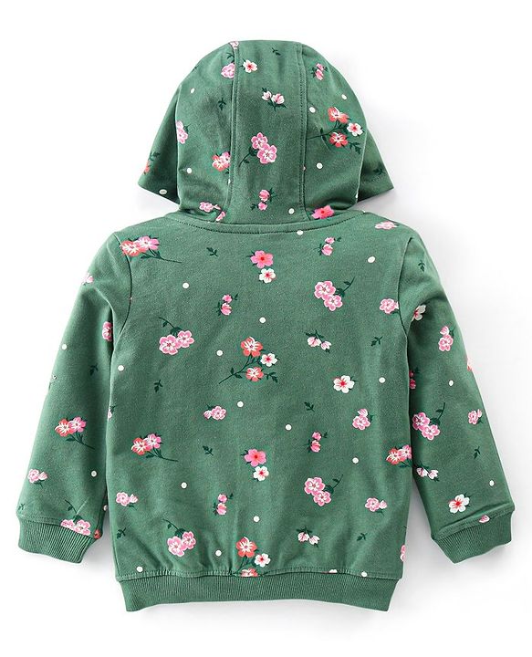 Babyhug Cotton Knit Full Sleeves Hooded Sweat Jacket with Front Zipper Floral Print - Green