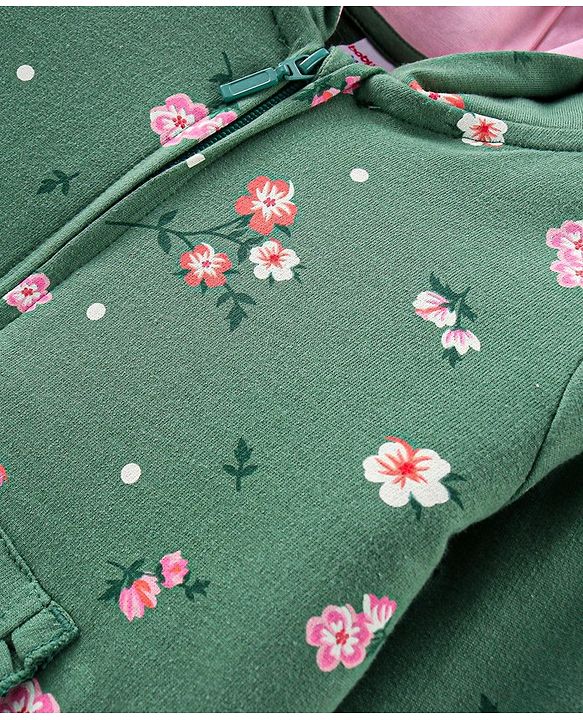 Babyhug Cotton Knit Full Sleeves Hooded Sweat Jacket with Front Zipper Floral Print - Green