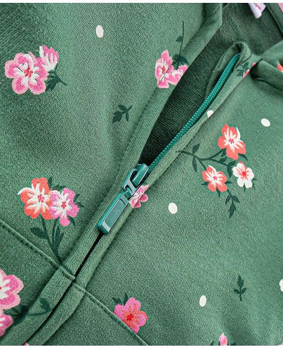 Babyhug Cotton Knit Full Sleeves Hooded Sweat Jacket with Front Zipper Floral Print - Green