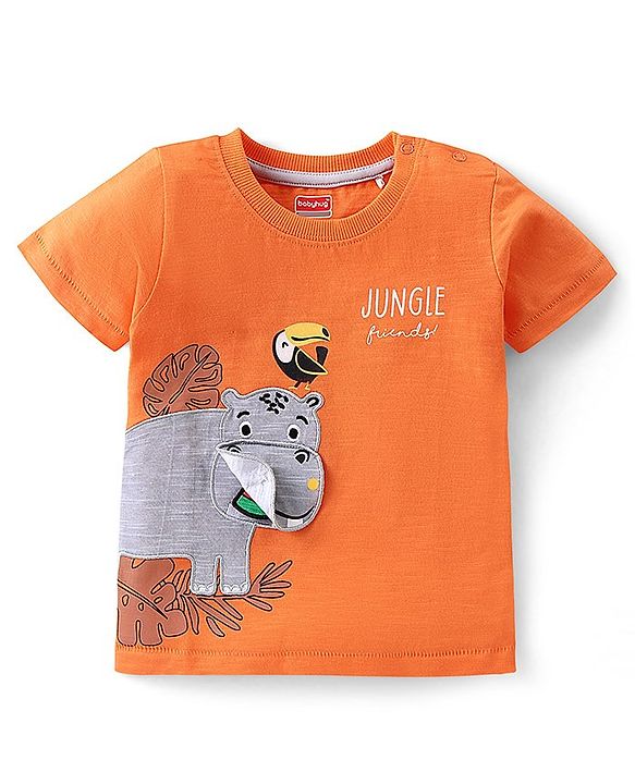 Babyhug 100% Cotton Knit Half Sleeves T-Shirt with  Hippopotamus Graphics & Applique - Orange