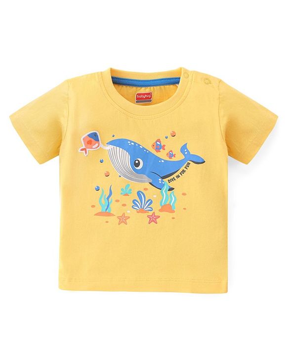 Babyhug 100% Cotton Knit Half Sleeves T-Shirt with Fish Applique - Yellow