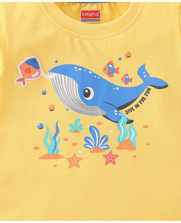 Babyhug 100% Cotton Knit Half Sleeves T-Shirt with Fish Applique - Yellow