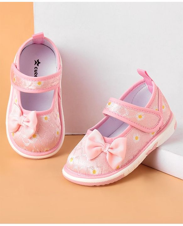 Cute Walk by Babyhug Casual Shoes With Velcro Closure & Bow Applique Floral Print- Pink