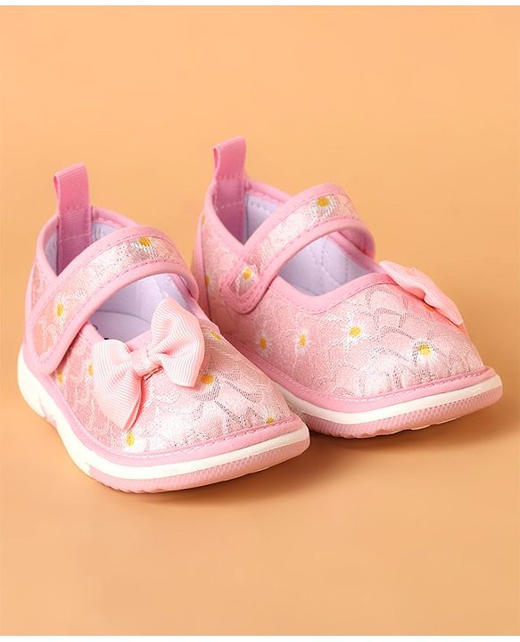 Cute Walk by Babyhug Casual Shoes With Velcro Closure & Bow Applique Floral Print- Pink