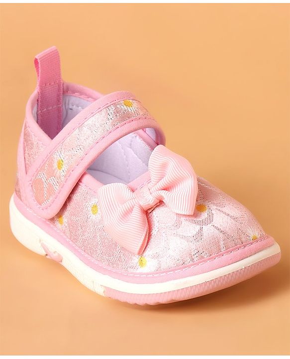 Cute Walk by Babyhug Casual Shoes With Velcro Closure & Bow Applique Floral Print- Pink