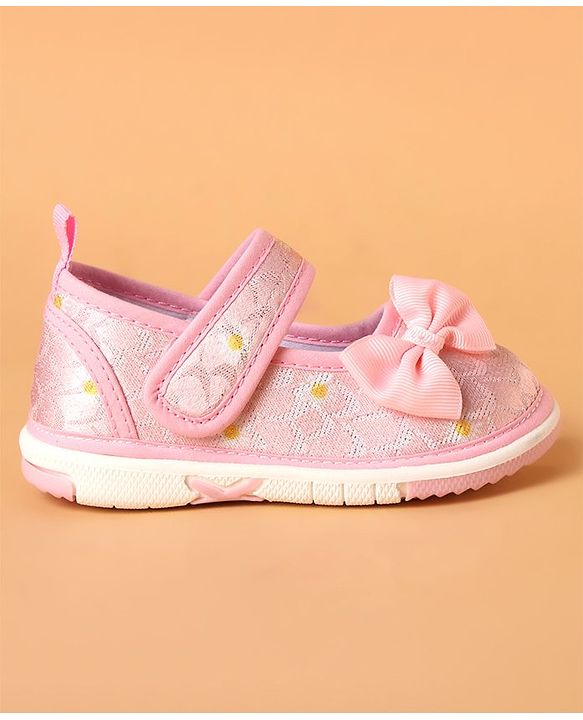 Cute Walk by Babyhug Casual Shoes With Velcro Closure & Bow Applique Floral Print- Pink