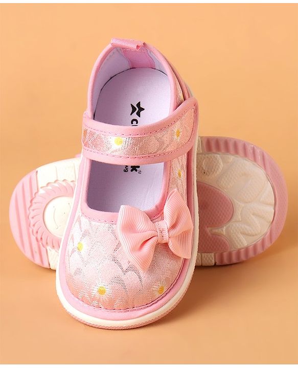 Cute Walk by Babyhug Casual Shoes With Velcro Closure & Bow Applique Floral Print- Pink