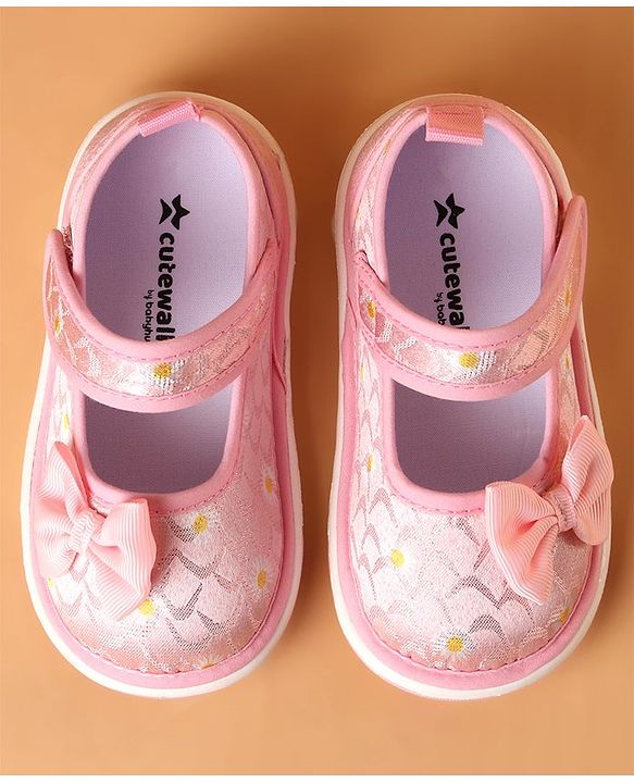 Cute Walk by Babyhug Casual Shoes With Velcro Closure & Bow Applique Floral Print- Pink