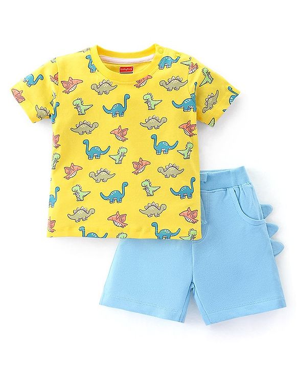 Babyhug Cotton Knit Half Sleeves Dino Printed T-Shirt & Shorts - Yellow & Light Blue