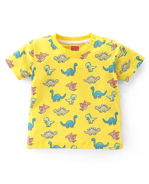 Babyhug Cotton Knit Half Sleeves Dino Printed T-Shirt & Shorts - Yellow & Light Blue