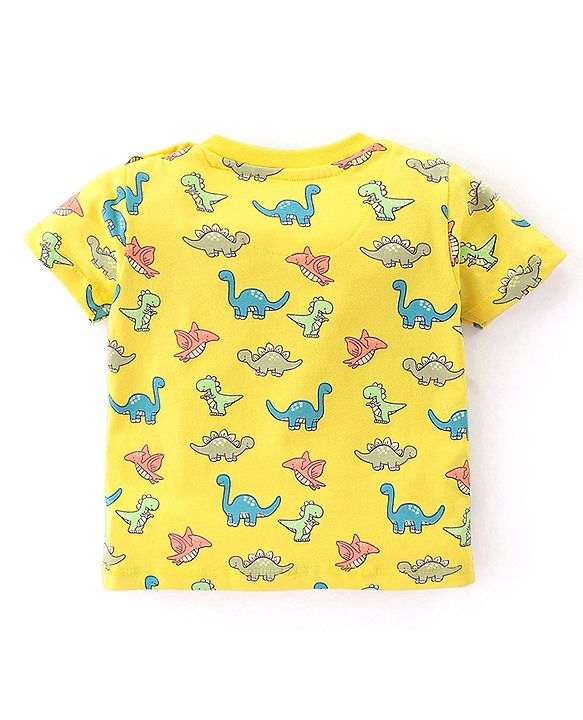 Babyhug Cotton Knit Half Sleeves Dino Printed T-Shirt & Shorts - Yellow & Light Blue