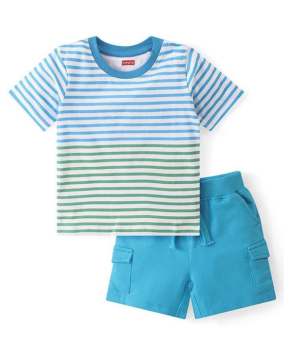 Babyhug 100% Cotton Knit Single Jersey Half Sleeves T-Shirt & Shorts Striped - Blue & White