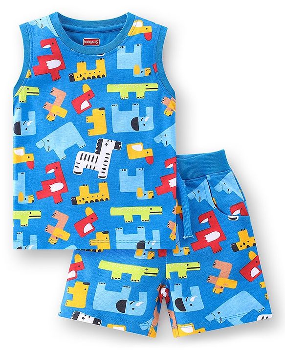 Babyhug 100% Cotton Knit Single Jersey Sleeveless T-Shirt & Shorts Animals Print - Blue