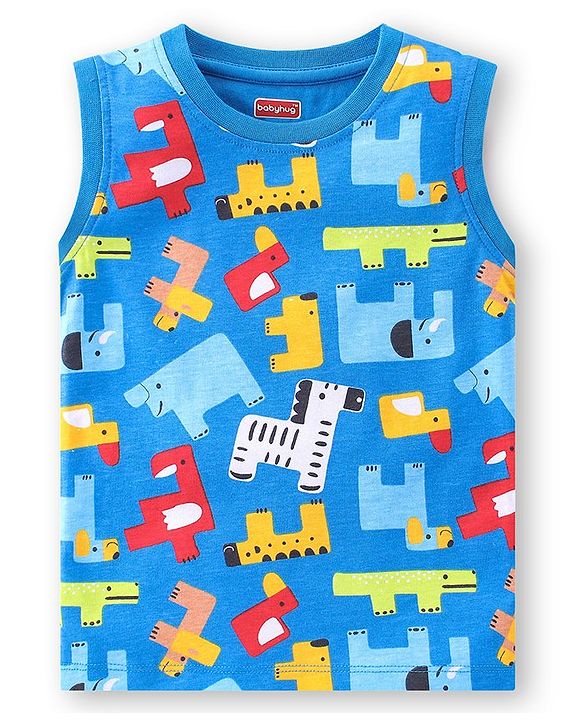 Babyhug 100% Cotton Knit Single Jersey Sleeveless T-Shirt & Shorts Animals Print - Blue