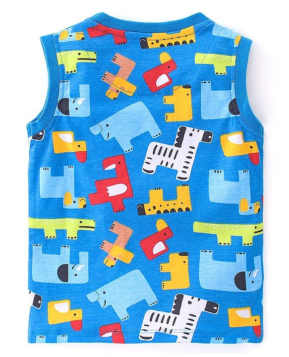 Babyhug 100% Cotton Knit Single Jersey Sleeveless T-Shirt & Shorts Animals Print - Blue