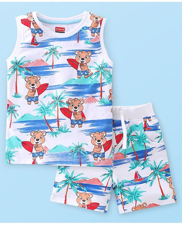 Babyhug 100% Cotton Knit Single Jersey Sleeveless T-Shirt & Shorts With Teddy Print - White Blue & Red
