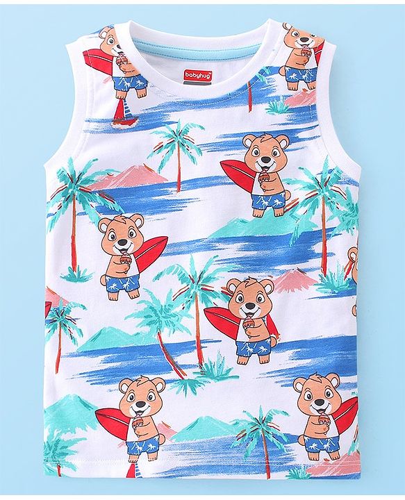 Babyhug 100% Cotton Knit Single Jersey Sleeveless T-Shirt & Shorts With Teddy Print - White Blue & Red