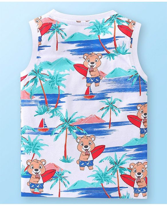 Babyhug 100% Cotton Knit Single Jersey Sleeveless T-Shirt & Shorts With Teddy Print - White Blue & Red