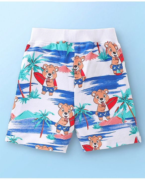 Babyhug 100% Cotton Knit Single Jersey Sleeveless T-Shirt & Shorts With Teddy Print - White Blue & Red