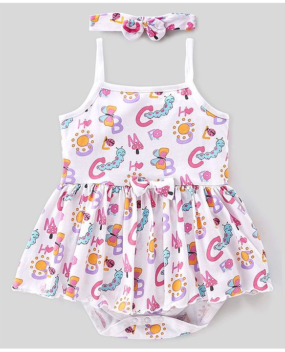 Babyhug 100% Cotton Interlock Knit Sleeveless Onesies With Hairband & Butterfly Print - White
