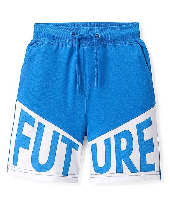 Pine Kids Cotton Terry Knit Above Knee Length Text Printed Shorts - Blue
