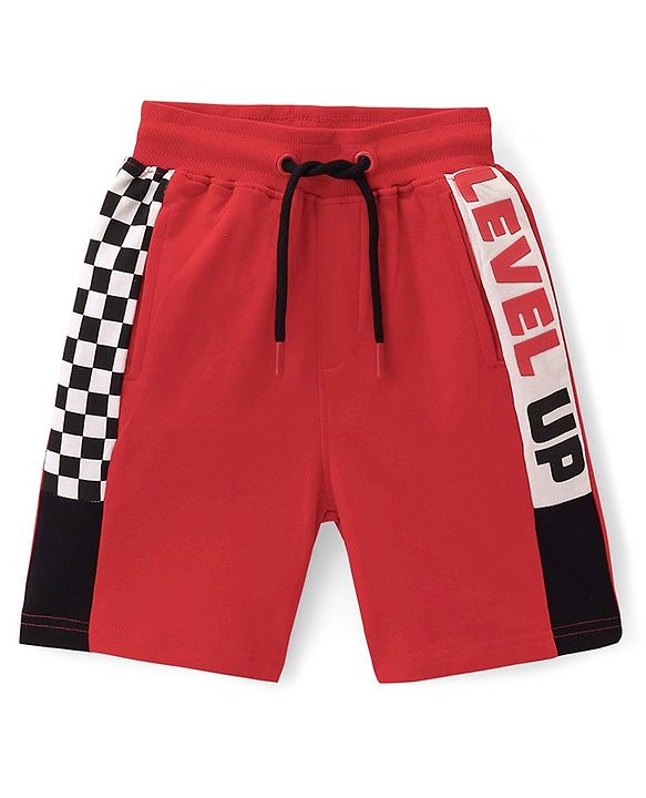 Pine Kids Terry Cotton Knit Above Knee Length Shorts Text Print - Red