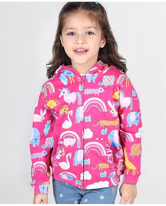 Babyhug Cotton Knit Full Sleeves Front Open Sweatjacket with Hood Animal & Rainbow Print- Pink