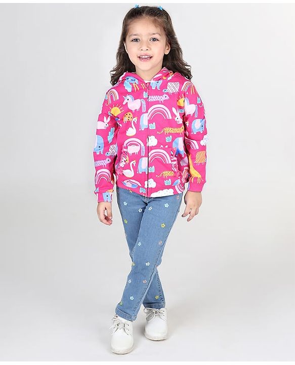 Babyhug Cotton Knit Full Sleeves Front Open Sweatjacket with Hood Animal & Rainbow Print- Pink