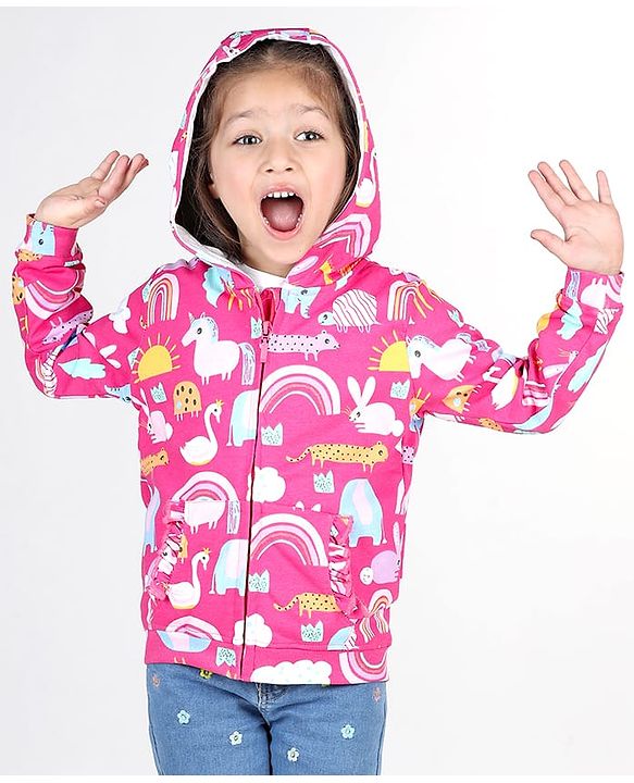 Babyhug Cotton Knit Full Sleeves Front Open Sweatjacket with Hood Animal & Rainbow Print- Pink