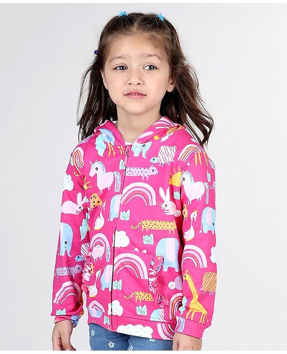 Babyhug Cotton Knit Full Sleeves Front Open Sweatjacket with Hood Animal & Rainbow Print- Pink
