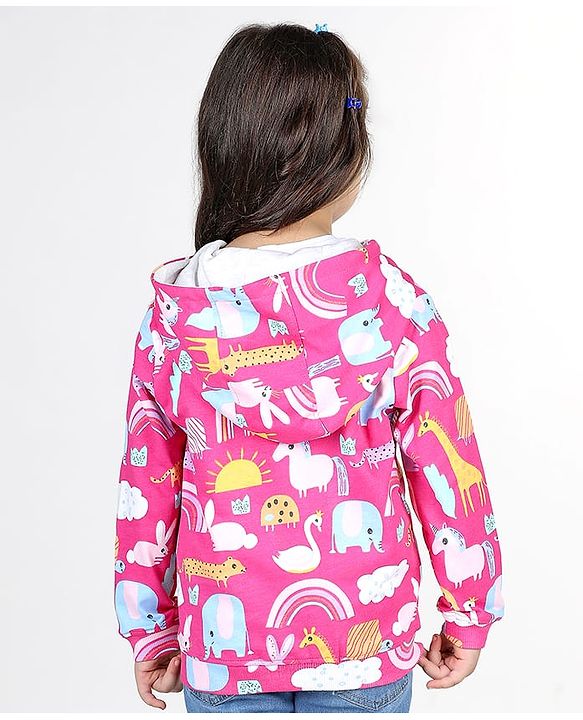 Babyhug Cotton Knit Full Sleeves Front Open Sweatjacket with Hood Animal & Rainbow Print- Pink