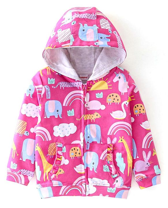 Babyhug Cotton Knit Full Sleeves Front Open Sweatjacket with Hood Animal & Rainbow Print- Pink