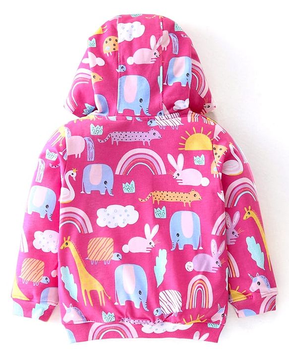 Babyhug Cotton Knit Full Sleeves Front Open Sweatjacket with Hood Animal & Rainbow Print- Pink