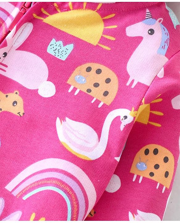Babyhug Cotton Knit Full Sleeves Front Open Sweatjacket with Hood Animal & Rainbow Print- Pink