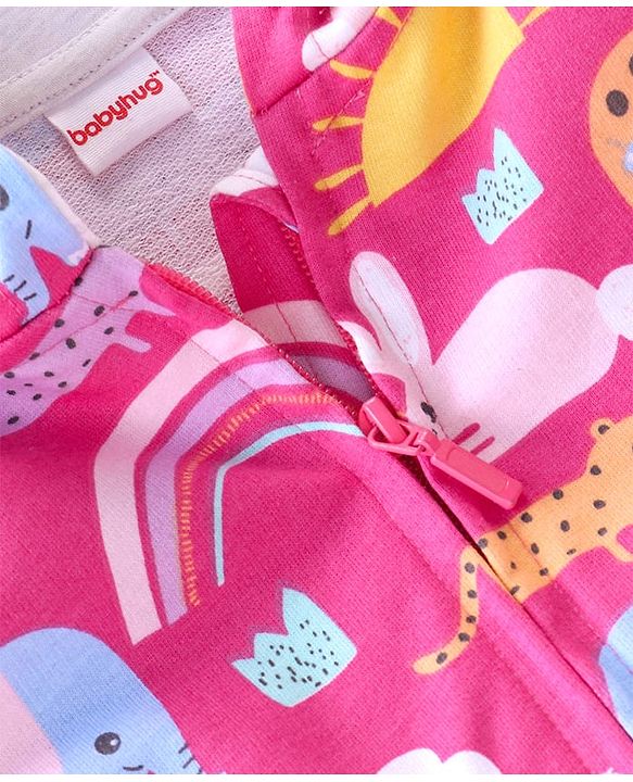 Babyhug Cotton Knit Full Sleeves Front Open Sweatjacket with Hood Animal & Rainbow Print- Pink