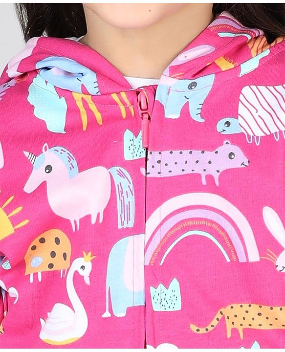 Babyhug Cotton Knit Full Sleeves Front Open Sweatjacket with Hood Animal & Rainbow Print- Pink