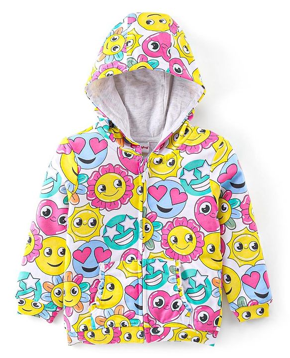 Babyhug Cotton Knit Full Sleeves Hooded Sweat Jacket with Front Zipper Floral Print - Multicolour