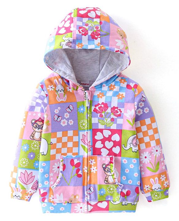 Babyhug Cotton Knit Full Sleeves Front Open Sweatjacket with Hood Animal & Floral Print- Multicolour