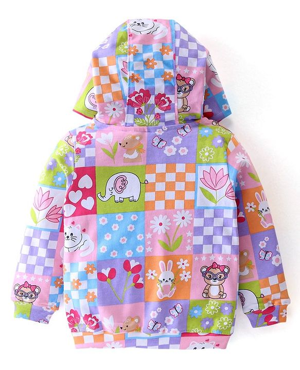 Babyhug Cotton Knit Full Sleeves Front Open Sweatjacket with Hood Animal & Floral Print- Multicolour