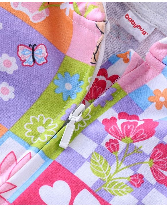 Babyhug Cotton Knit Full Sleeves Front Open Sweatjacket with Hood Animal & Floral Print- Multicolour