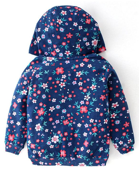 Babyhug 100% Cotton Knit Full Sleeves Front Open Hooded Sweatjacket with Zipper & Floral Print - Navy Blue