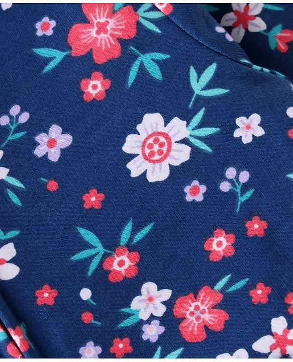 Babyhug 100% Cotton Knit Full Sleeves Front Open Hooded Sweatjacket with Zipper & Floral Print - Navy Blue