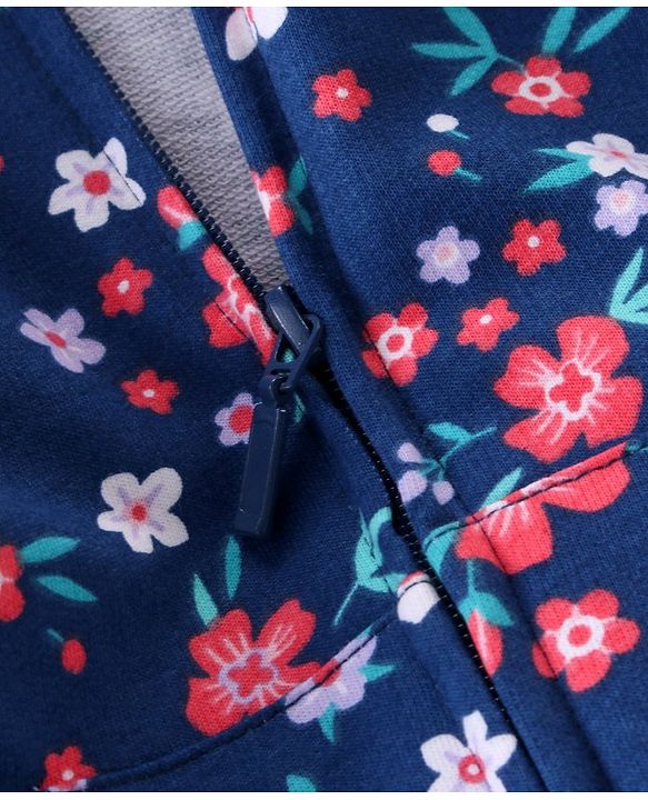 Babyhug 100% Cotton Knit Full Sleeves Front Open Hooded Sweatjacket with Zipper & Floral Print - Navy Blue