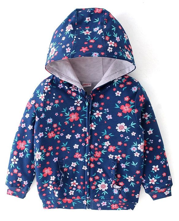 Babyhug 100% Cotton Knit Full Sleeves Front Open Hooded Sweatjacket with Zipper & Floral Print - Navy Blue