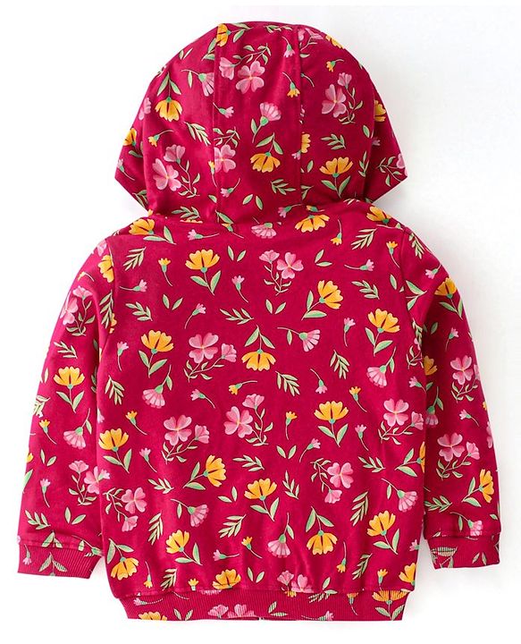 Babyhug Cotton Knit Full Sleeves Front Open Sweatjacket with Hood & Floral Print - Maroon