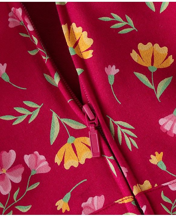 Babyhug Cotton Knit Full Sleeves Front Open Sweatjacket with Hood & Floral Print - Maroon