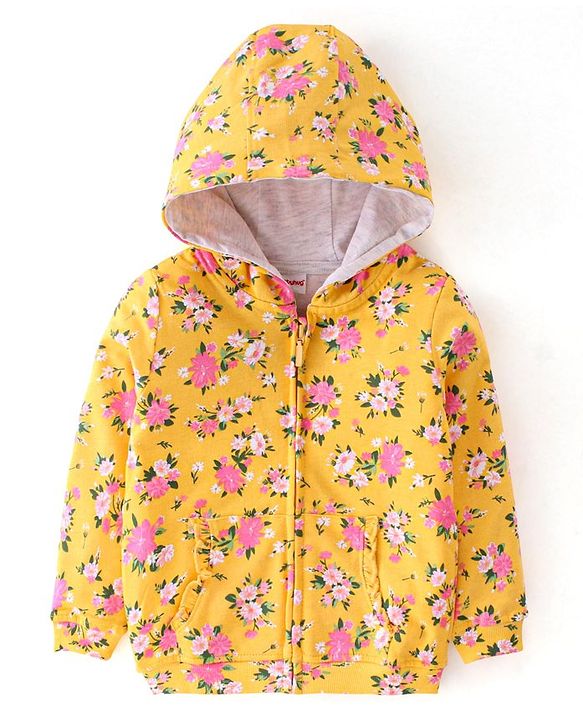 Babyhug Cotton Knit Full Sleeves Front Open Sweatjacket with Hood & Floral Print - Yellow