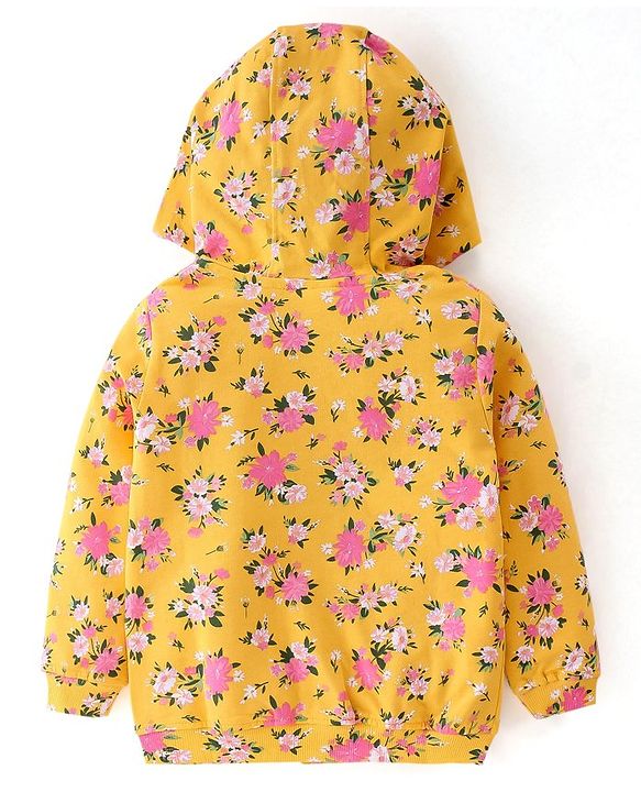 Babyhug Cotton Knit Full Sleeves Front Open Sweatjacket with Hood & Floral Print - Yellow